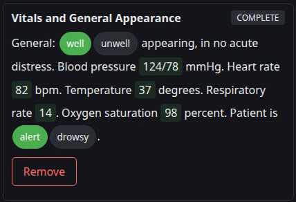 The Vitals template block with heart rate filled as 82
