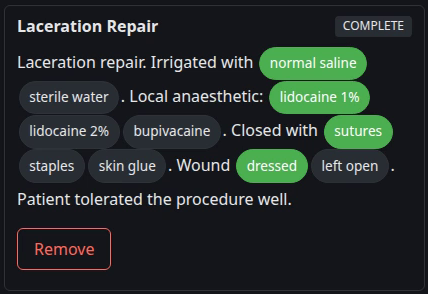 The Laceration Repair template block: irrigation, anaesthetic, closure and dressing options, with the dictated choice in each group highlighted